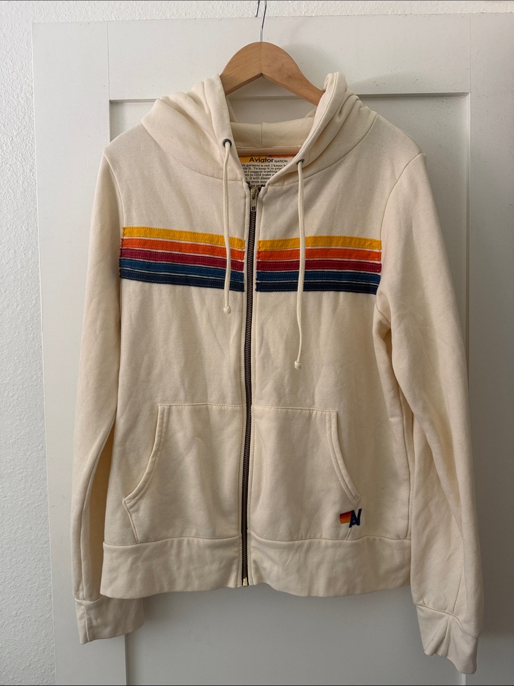 Aviator Nation Cream Zip Hoodie with Retro Stripe Chest